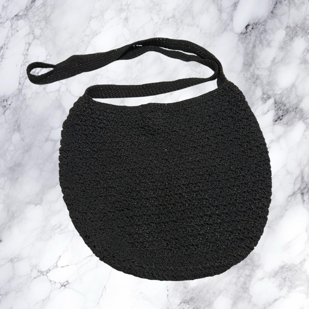 Crochet Hobo Purse Crossbody Sling Black Knit Roomy